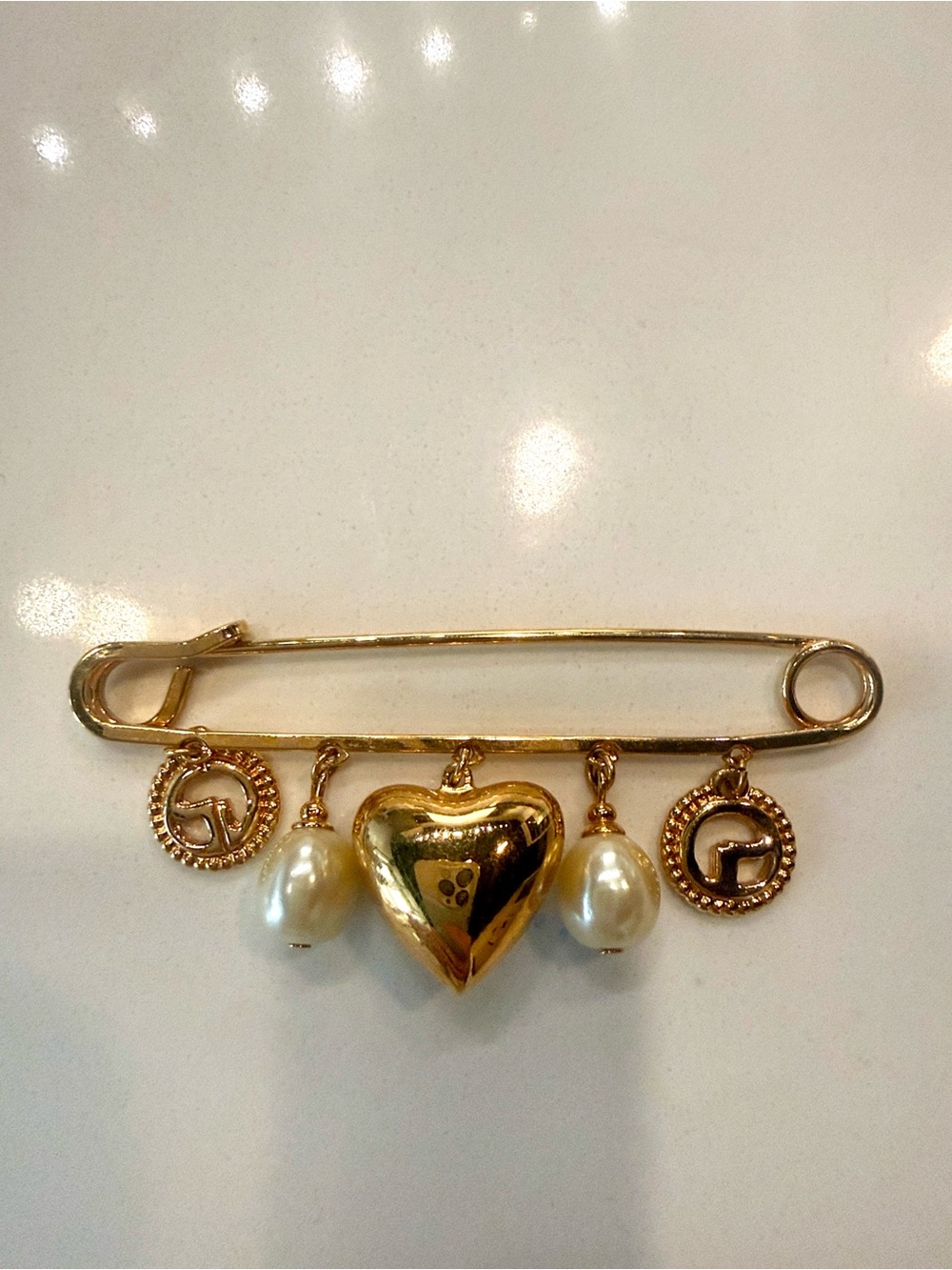 Vintage St. John Gold Tone Heart Faux Pearl Kilt Safety Pin Brooch